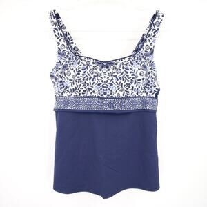 NWOT Lands End Navy Blue White Pattern Tankini Swim Top Scoop Neck Underwire Siz